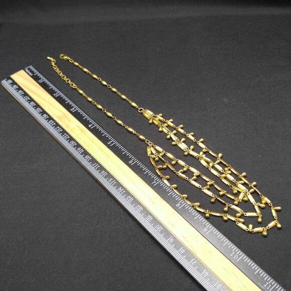 Boho Layered Necklace, Three Strands, Tear Drop Dangles, Gold Tone, 18 Inches - Picture 6 of 8